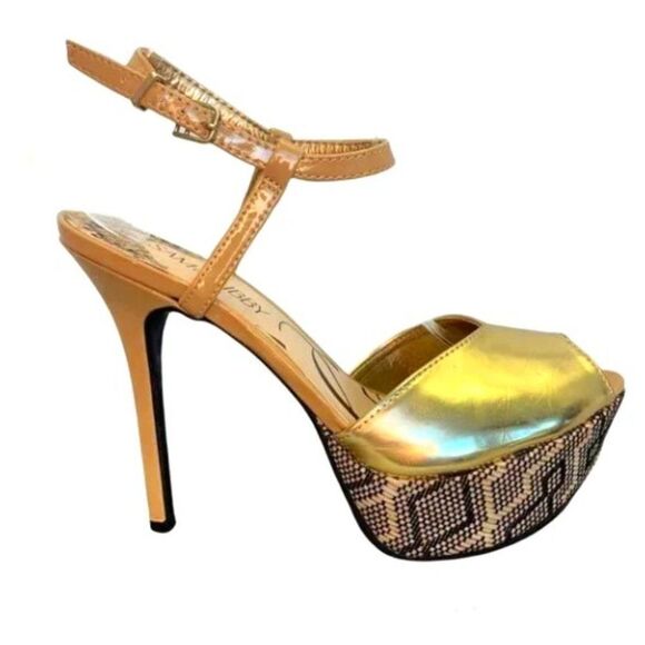 🔆▪️Sam & Libby Margot Metallic Gold Peep Toe Ankle Strap Platform Pump◾️🔆 - Picture 1 of 9